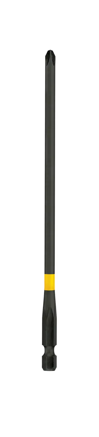 A DEWALT long screwdriver bit with a yellow marking near the base, displayed vertically against a white background.