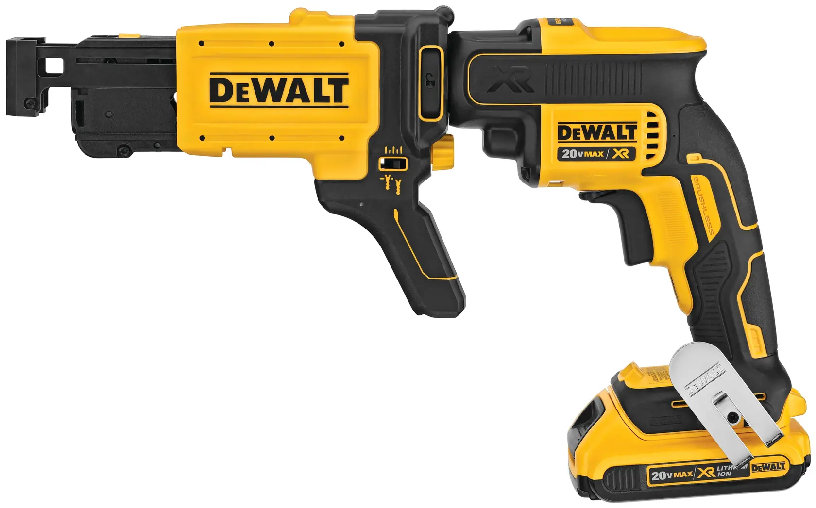 DEWALT 20V MAX XR cordless drywall screw gun with attachment, featuring a yellow and black ergonomic design.