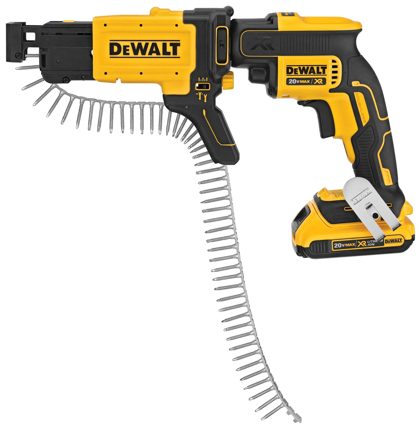 DEWALT DCF6202 cordless drywall screw gun with attached screw strip, designed for efficient and rapid fastening. The tool features a black and yellow color scheme and ergonomic grip.