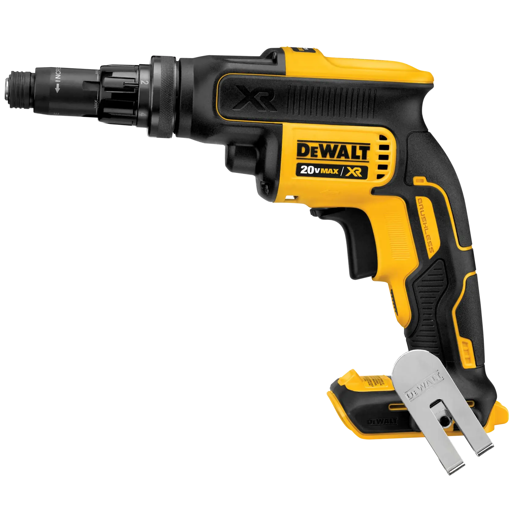 A DEWALT 20V MAX XR cordless screw gun with a black and yellow body, featuring a comfortable grip and a metal belt clip attached at the base.