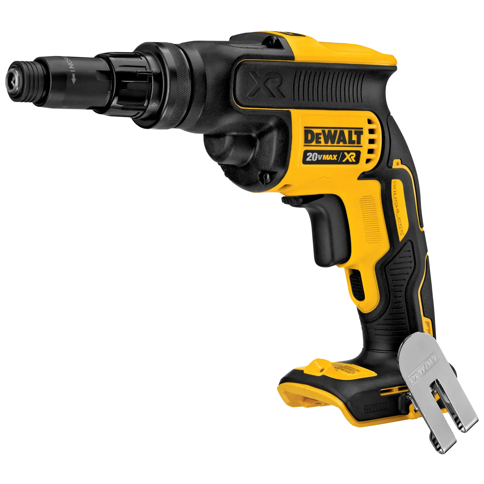 Cordless DEWALT 20V MAX XR screwgun with yellow and black design, featuring a belt hook and ergonomic grip.