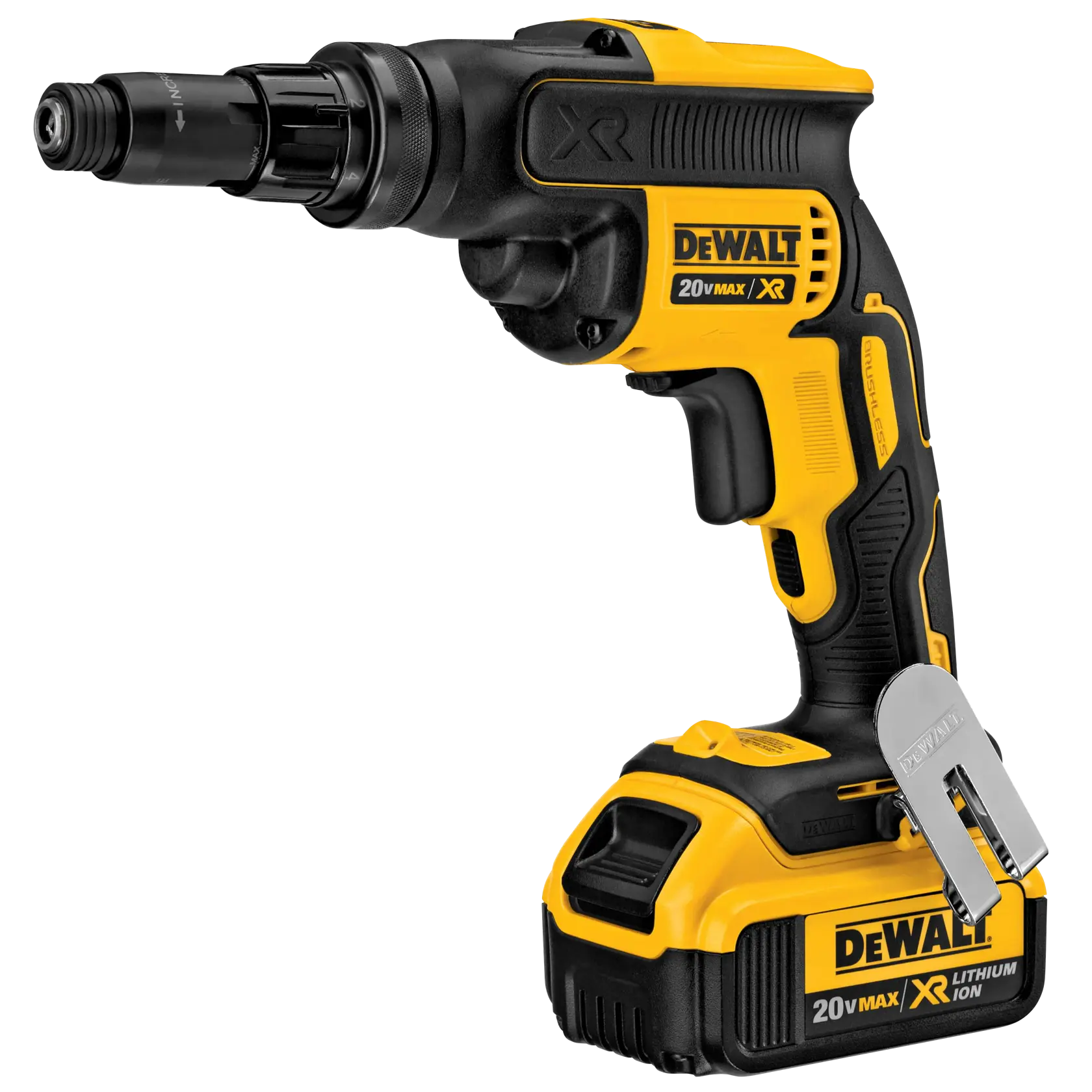 A DEWALT 20V MAX XR cordless screw gun with a lithium-ion battery, primarily black and yellow in color, shown in a product image against a white background.