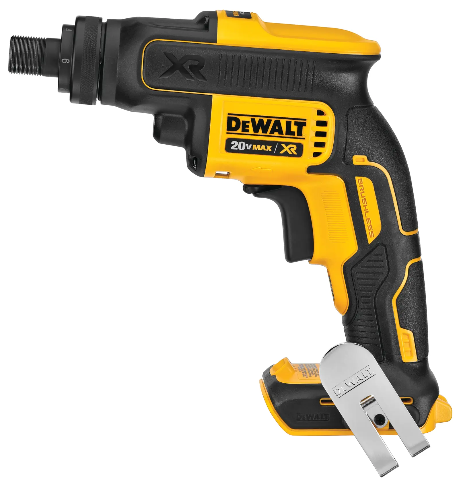A DEWALT 20V MAX XR brushless cordless screw gun with a black and yellow body, shown with a belt clip attached near the base.