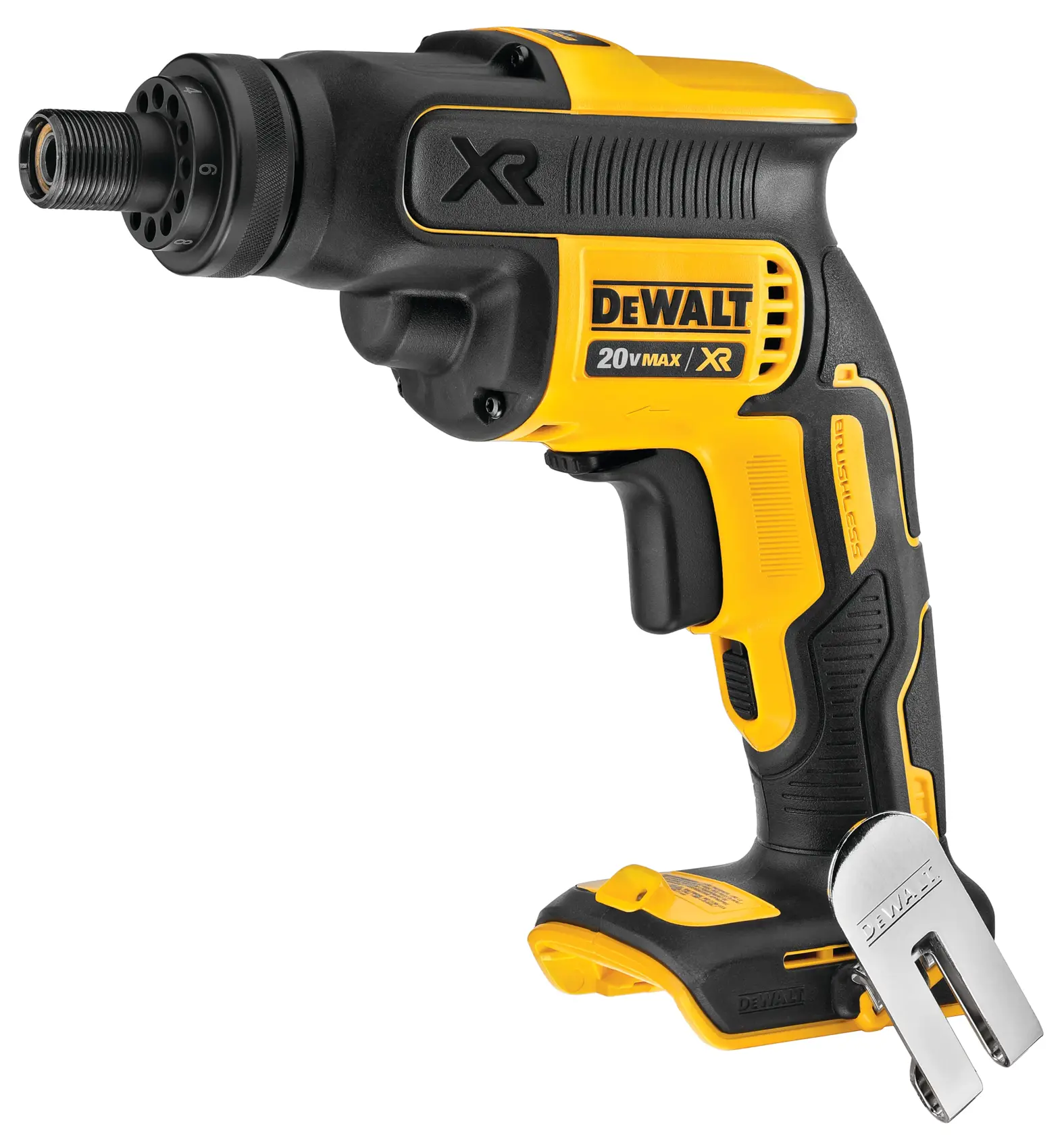 A DEWALT 20V MAX XR brushless cordless screw gun in yellow and black color, designed for professional use. The tool features an ergonomic handle, a belt clip attachment, and a detailed front nose for efficient fastening.