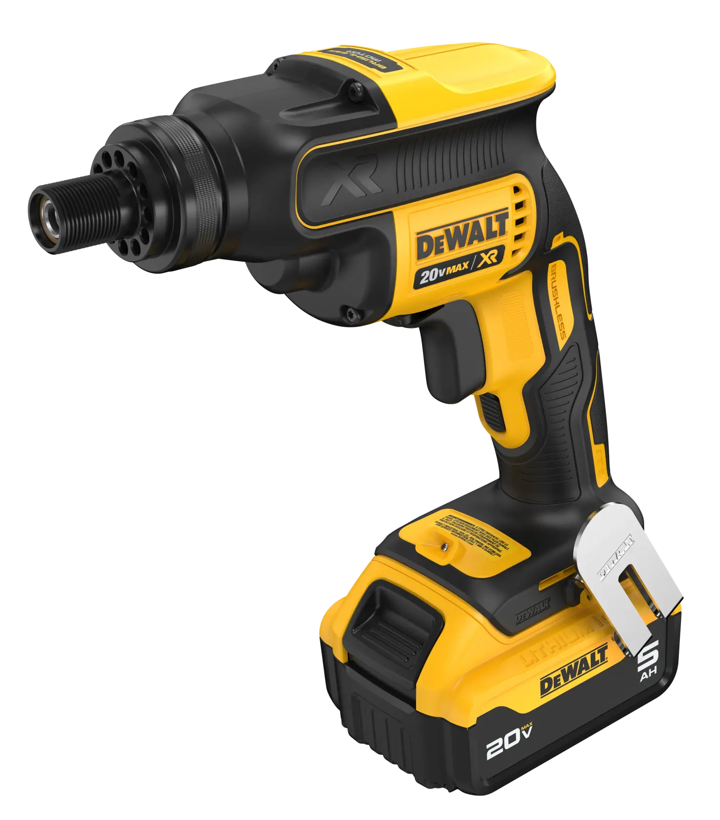 DEWALT power tool, photography category, model DCF624P1 and DCF624B, yellow and black, 20V battery.