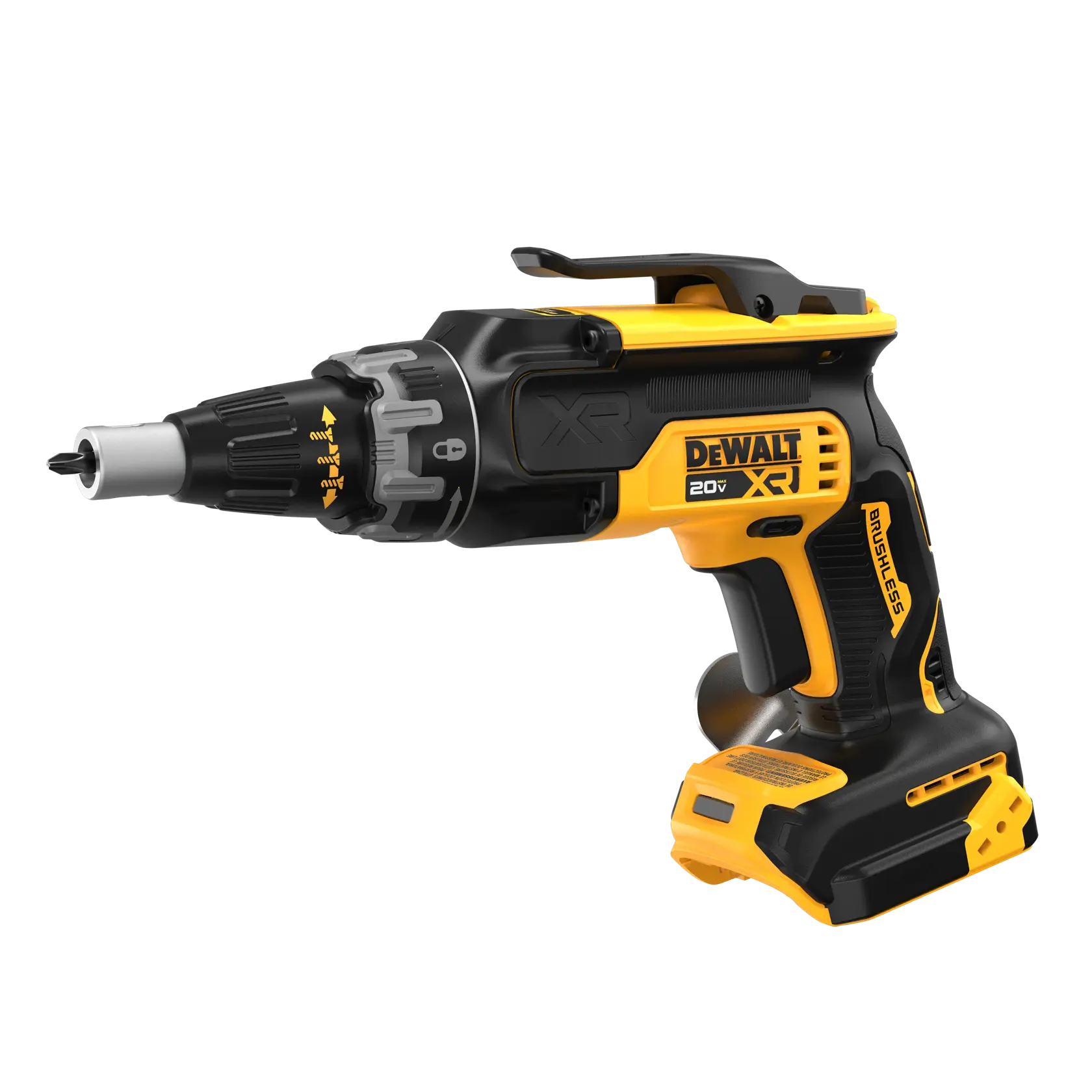 A DEWALT 20V XR cordless brushless screw gun with a black and yellow body. The tool is shown without a battery attached.