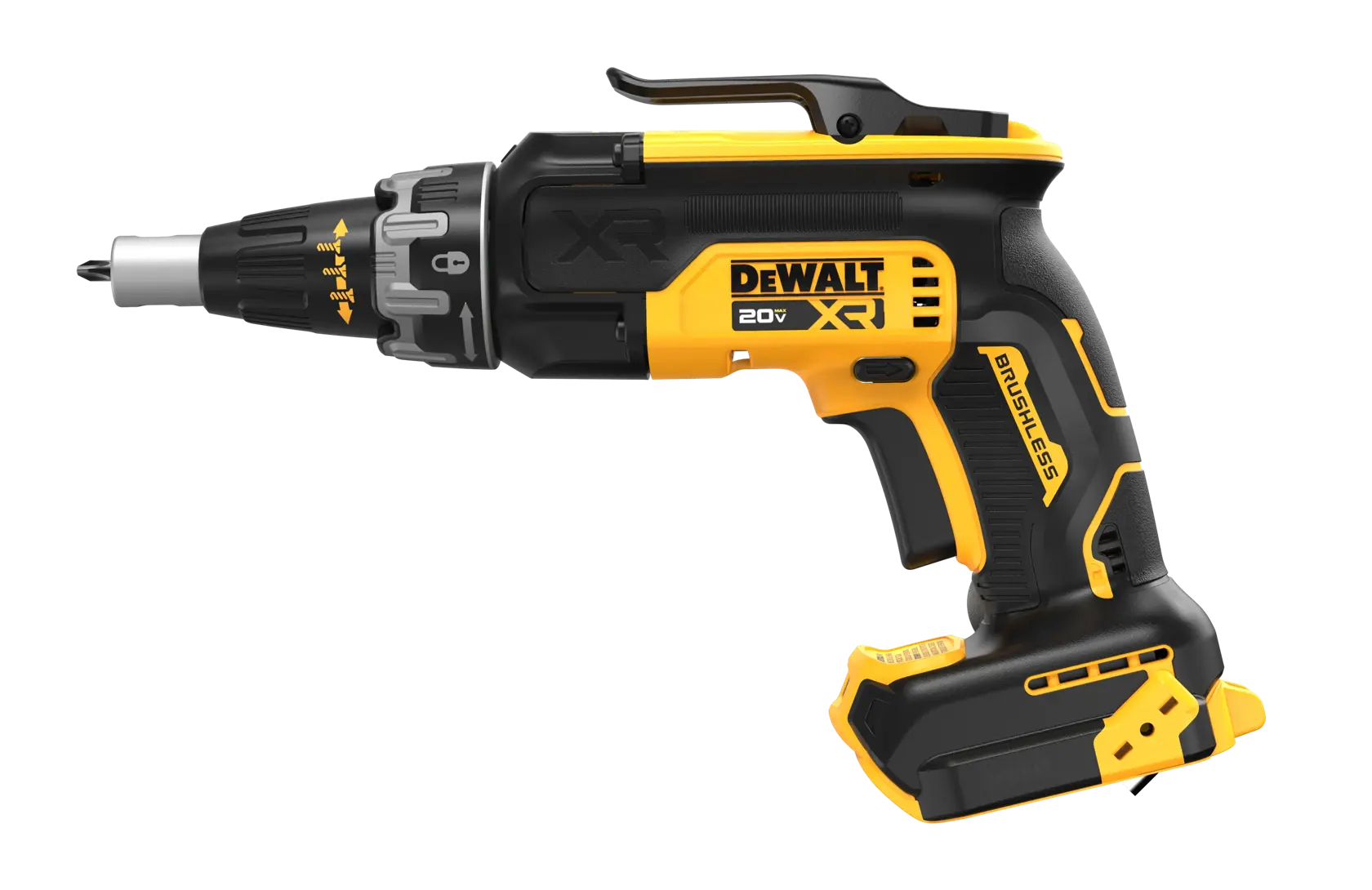 A DEWALT 20V XR brushless cordless screw gun, featuring a black and yellow design, seen from the side against a white background.