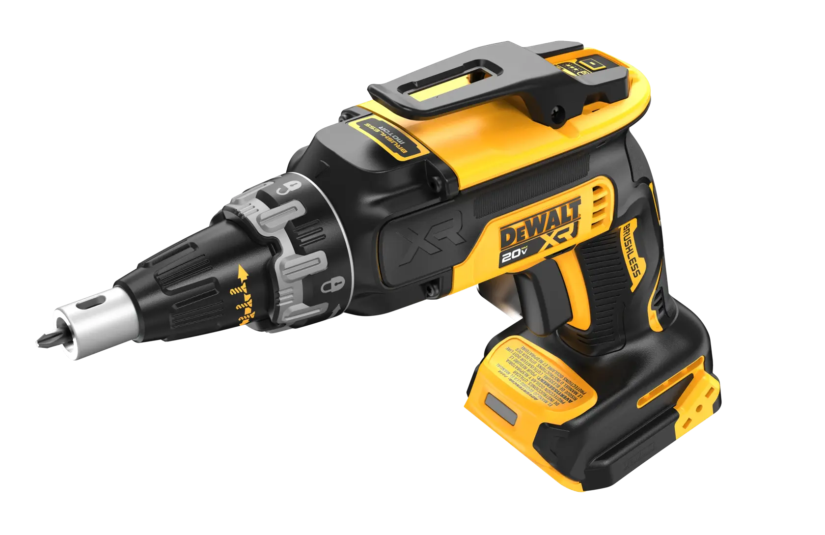 A DEWALT 20V XR cordless screw gun with brushless motor, featuring a yellow and black design and adjustable settings, shown against a plain white background.
