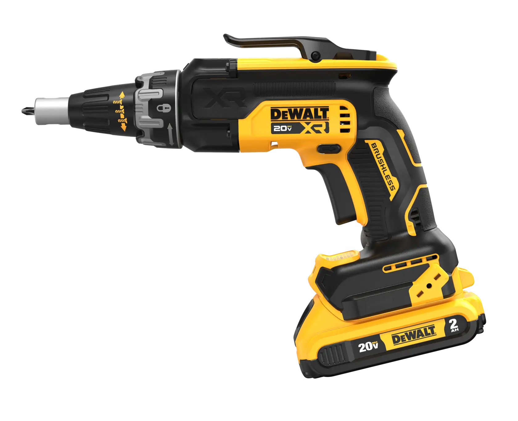 A yellow and black DEWALT 20V XR cordless screw gun with a brushless motor and rechargeable battery pack.