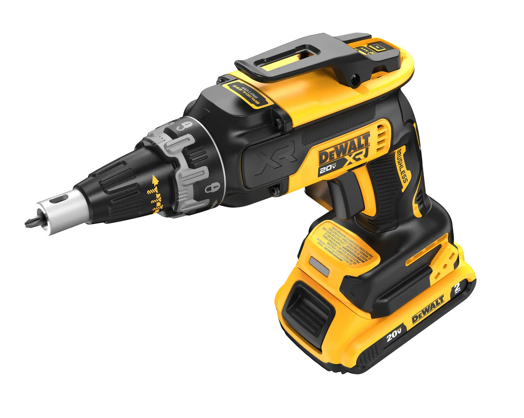 A DEWALT 20V XR cordless screw gun with a yellow and black body, featuring a battery pack at the base and a precision adjustable nosepiece for drywall applications.