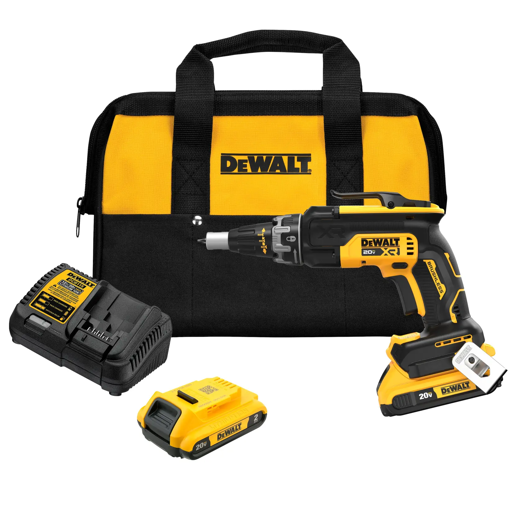 DEWALT cordless screw gun set with carrying bag, battery, and charger. The screw gun and accessories are yellow and black.