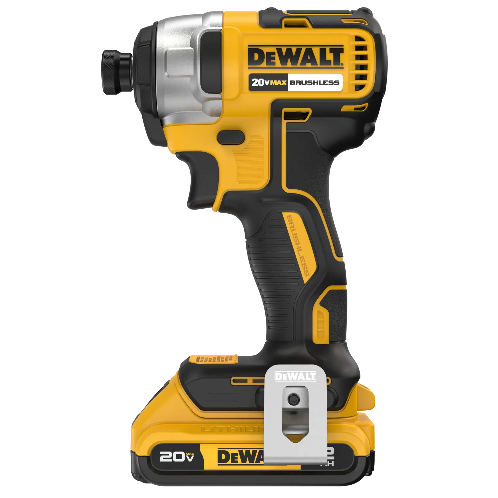 A DEWALT 20V Max brushless cordless impact driver, model DCF787D1, is shown standing upright. The tool has a yellow and black design, with a silver metal head and a DEWALT-branded battery attached at the base.