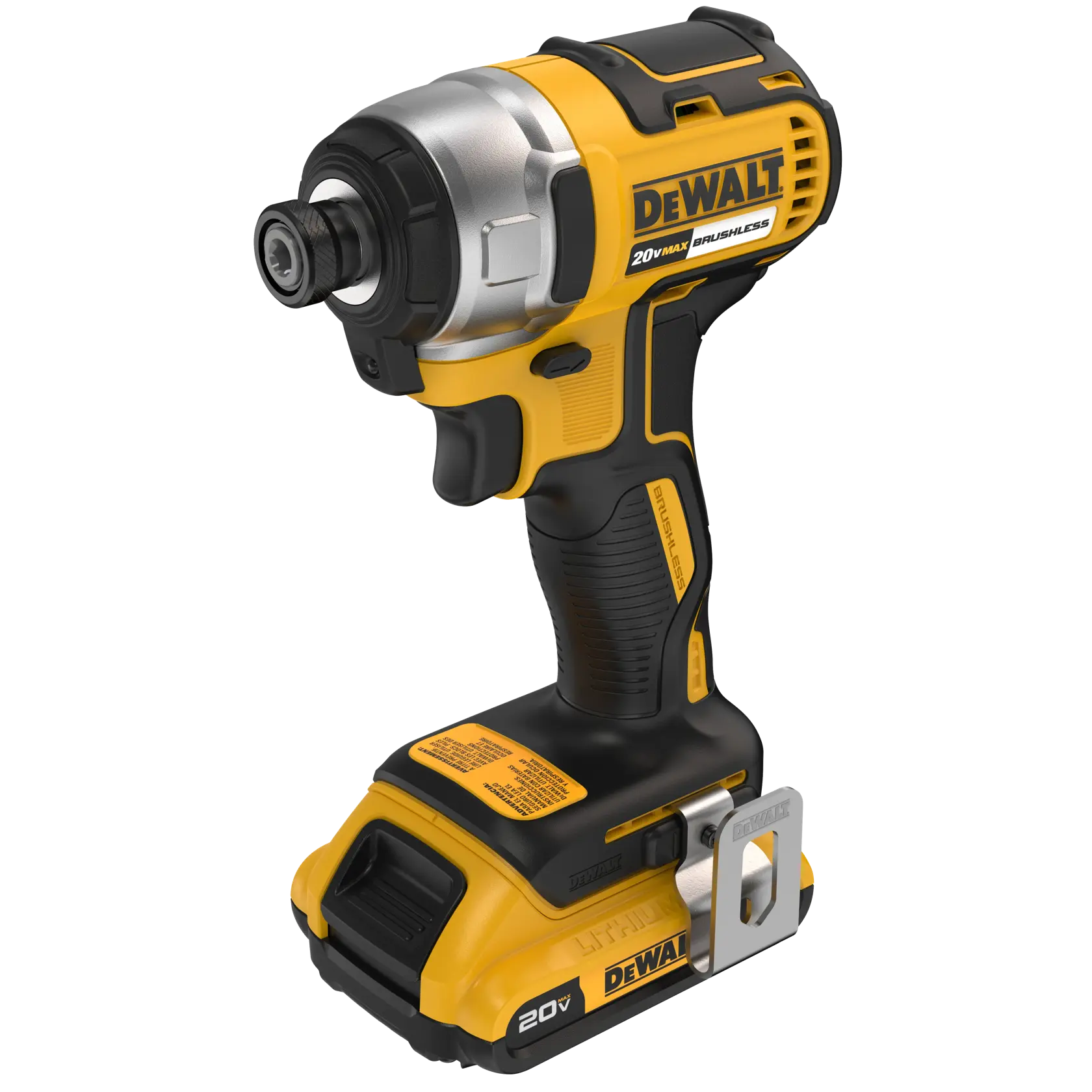 A DEWALT 20V MAX brushless cordless impact driver power tool, featuring a yellow and black design with a battery pack attached at the base and a metal belt clip.