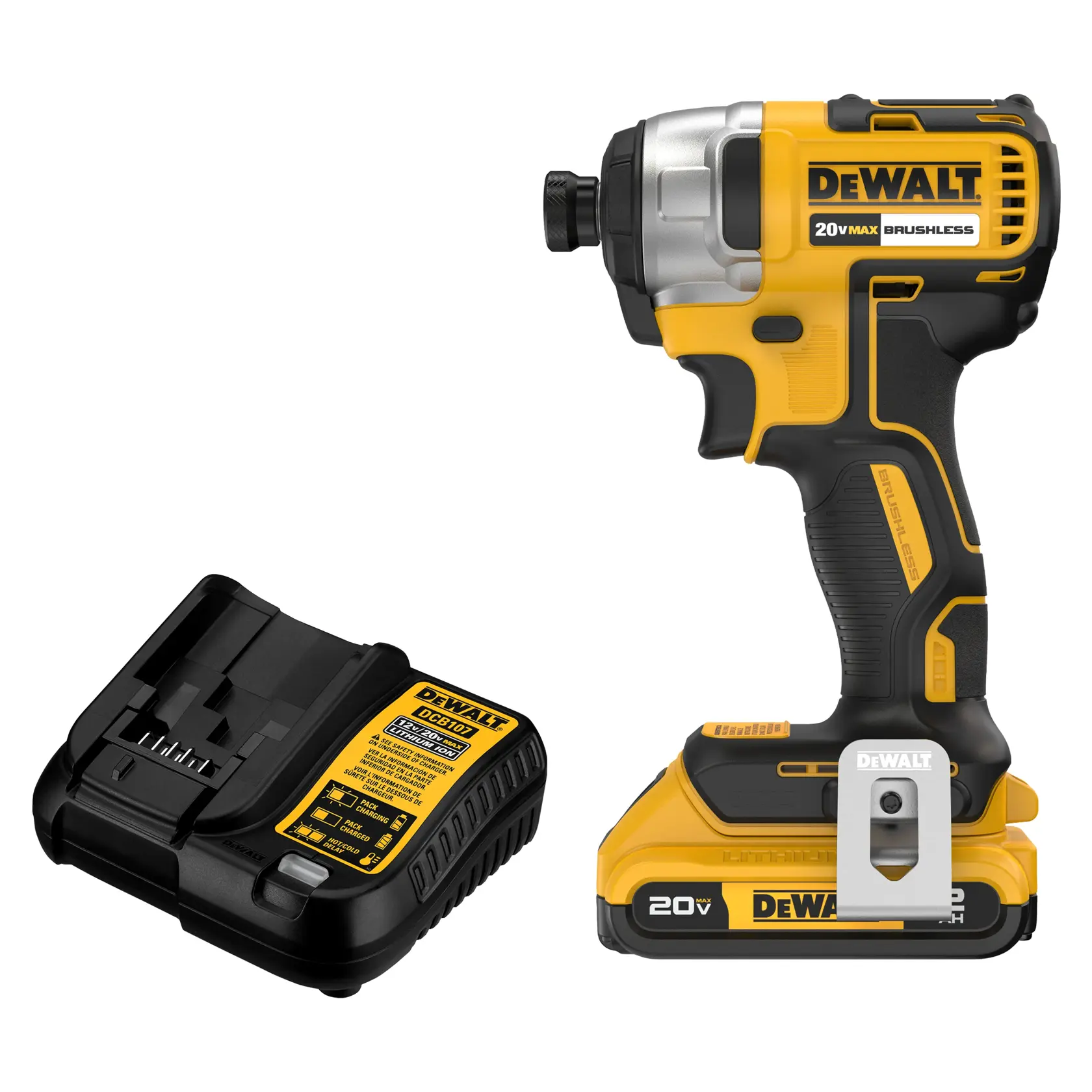 A DEWALT 20V Max cordless brushless impact driver with a yellow and black design, shown next to its battery charger.