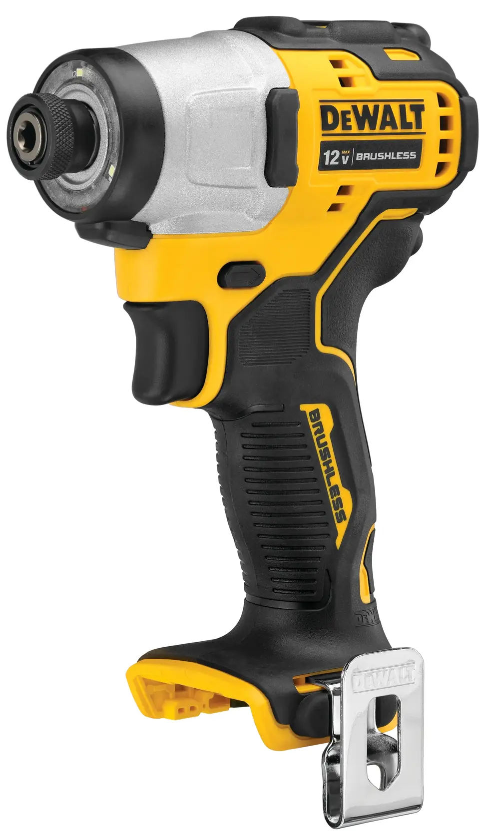A DEWALT 12V brushless cordless impact driver, featuring a compact, yellow and black design with a metal belt clip attached to the handle.