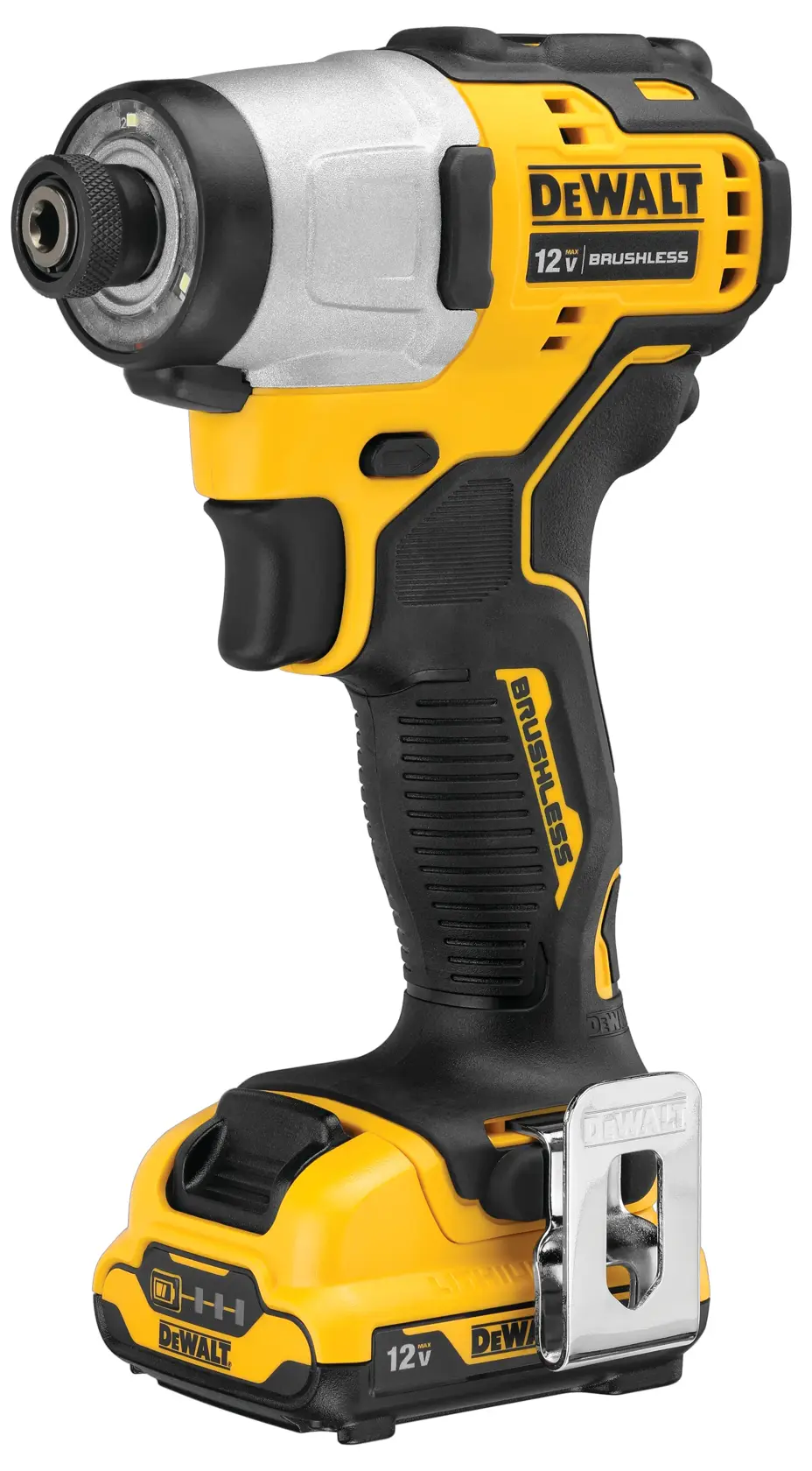 A yellow and black DEWALT 12V brushless cordless impact driver with a battery attached and a belt clip, photographed against a white background.