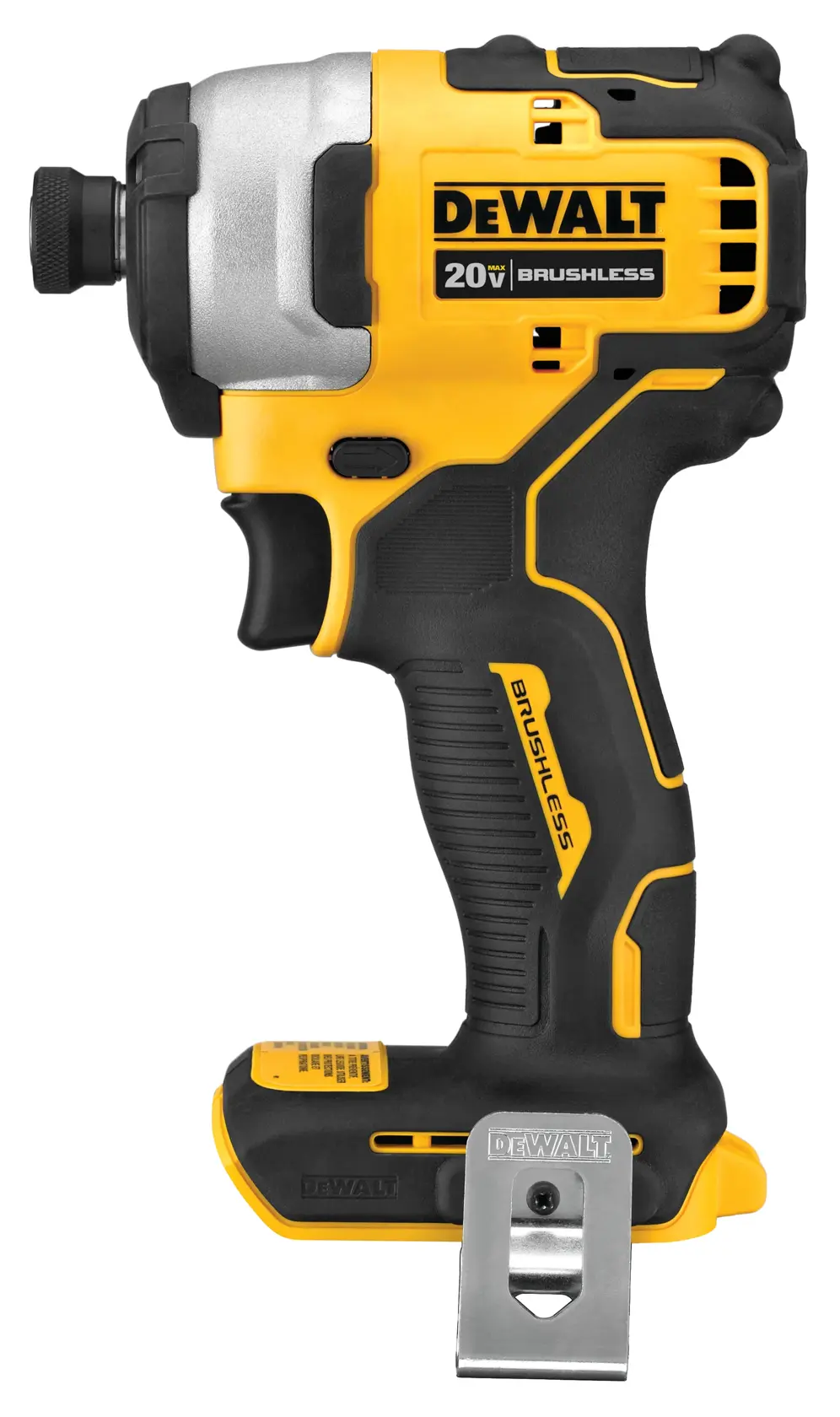 A DEWALT 20V brushless cordless impact driver, featuring a yellow and black design with a metal clip attached at the base.