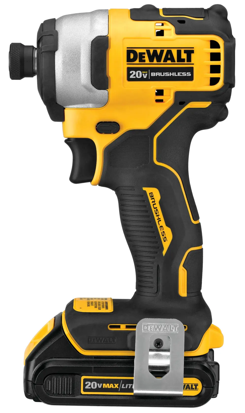 A DEWALT 20V brushless cordless impact driver with a yellow and black design and a metal belt clip attached.