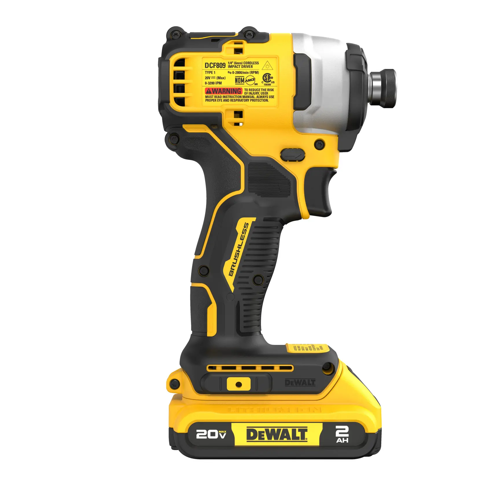 A yellow and black DEWALT 20V cordless brushless impact driver, model DCF809D1, with a rechargeable battery attached.
