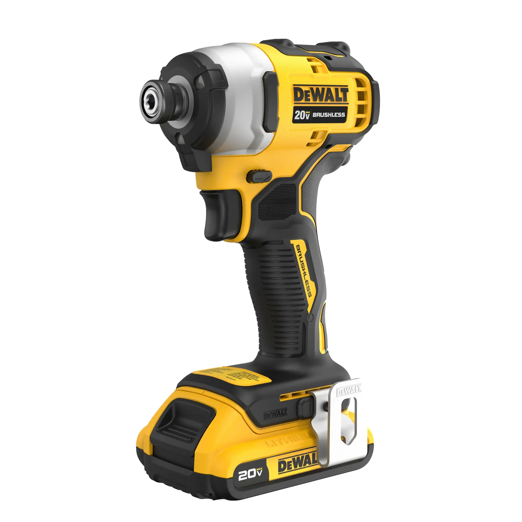 A yellow and black DEWALT 20V cordless brushless impact driver, shown standing upright on a white background.