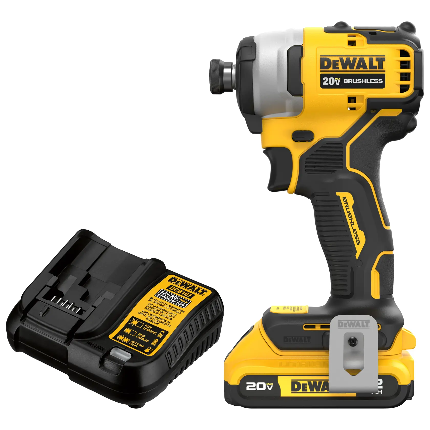 DEWALT 20V brushless cordless impact driver with battery and charger.