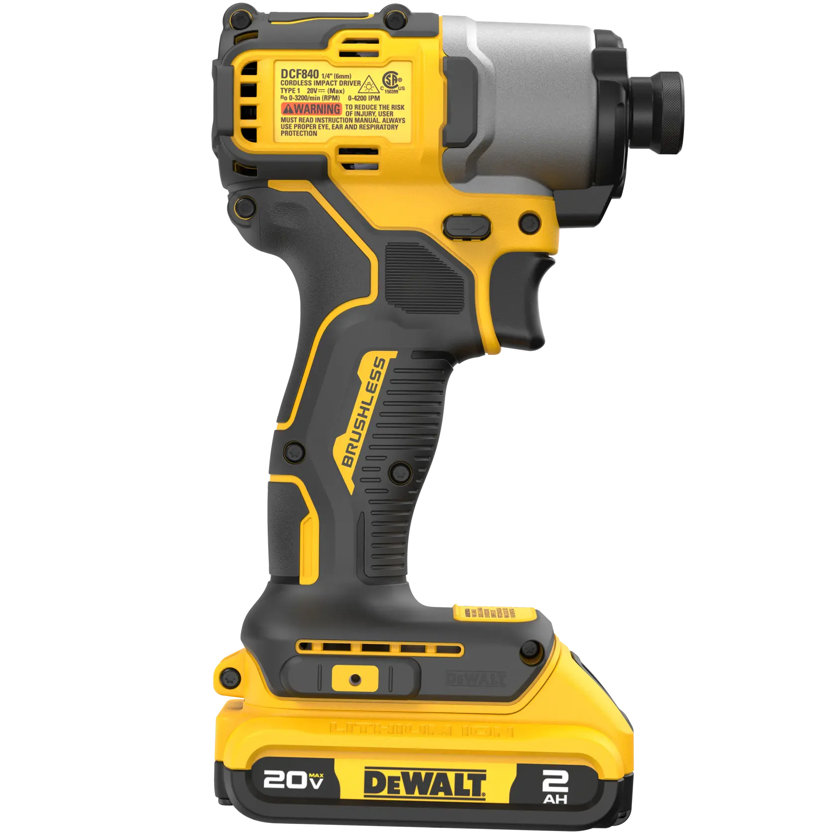 A DEWALT 20V 2Ah cordless impact driver with a brushless motor, model DCF840D1, shown in a side profile. The tool is yellow and black, with a visible battery pack attached at the base.