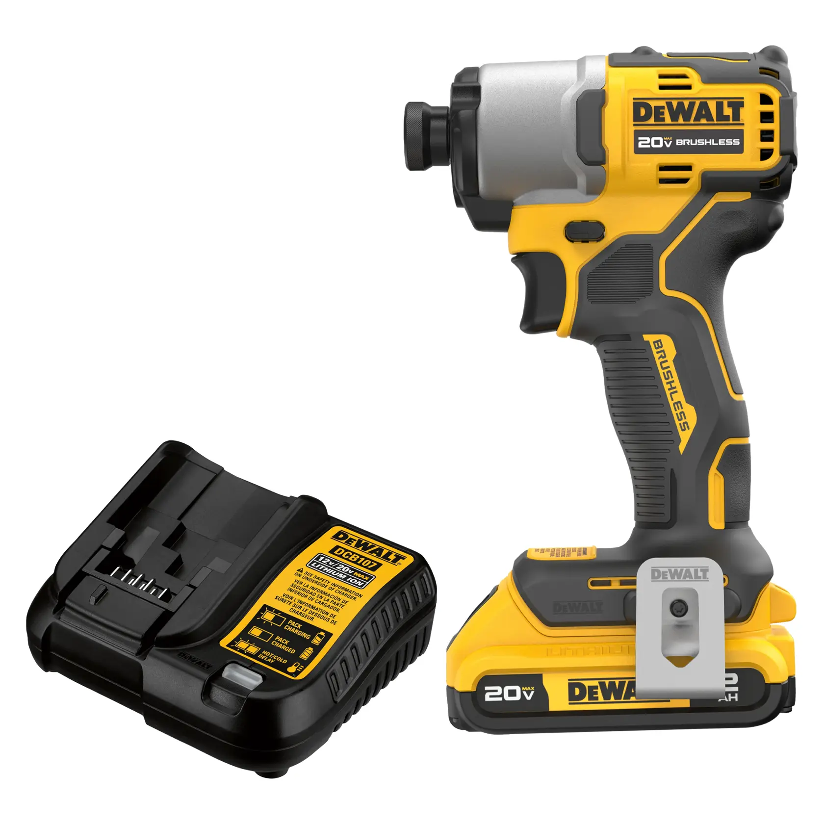 A DEWALT 20V brushless cordless impact driver, model DCF840D1, featuring a yellow and black design, with a visible battery pack at the base.