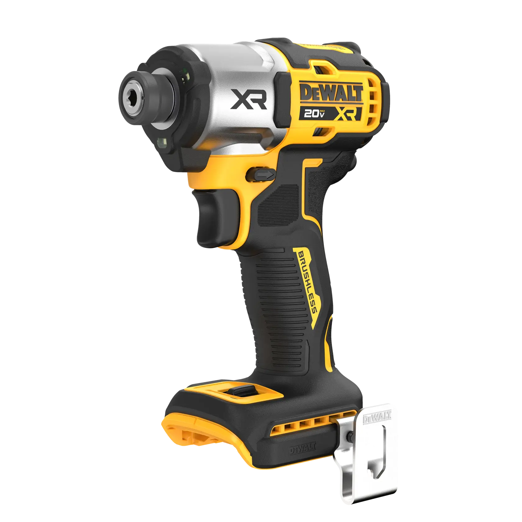 A DEWALT 20V XR brushless cordless impact driver in black and yellow, shown with a metal belt clip attached to the base.