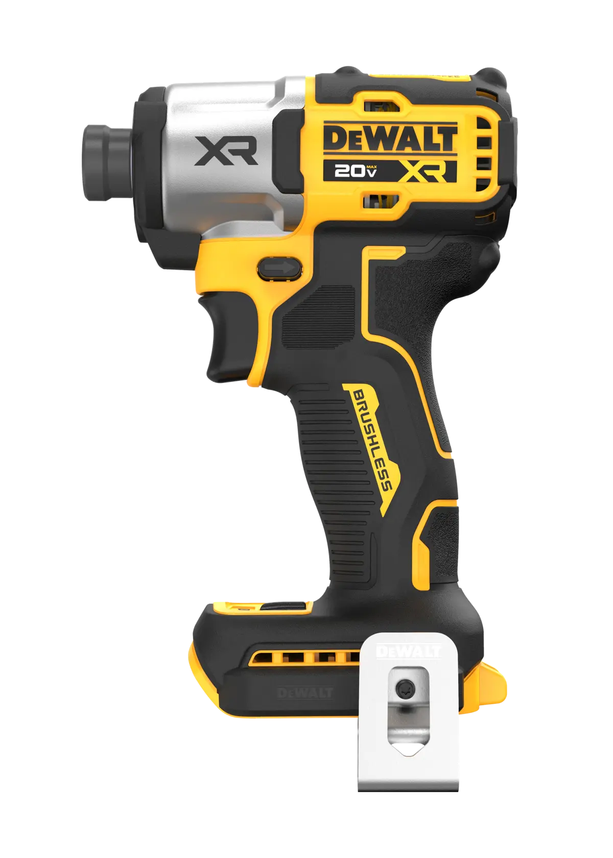 DEWALT 20V XR cordless brushless impact driver tool shown in side profile, predominantly yellow and black with silver accents, model DCF845B.