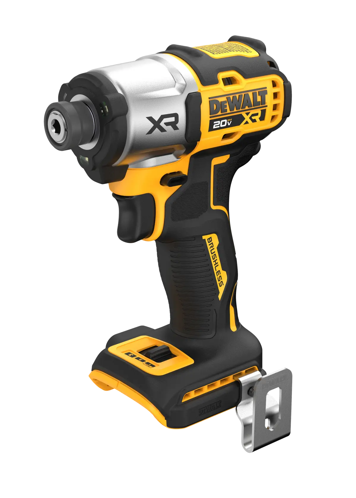 A DEWALT 20V XR cordless impact driver tool featuring a brushless motor, shown in black and yellow color with a metal clip attached.