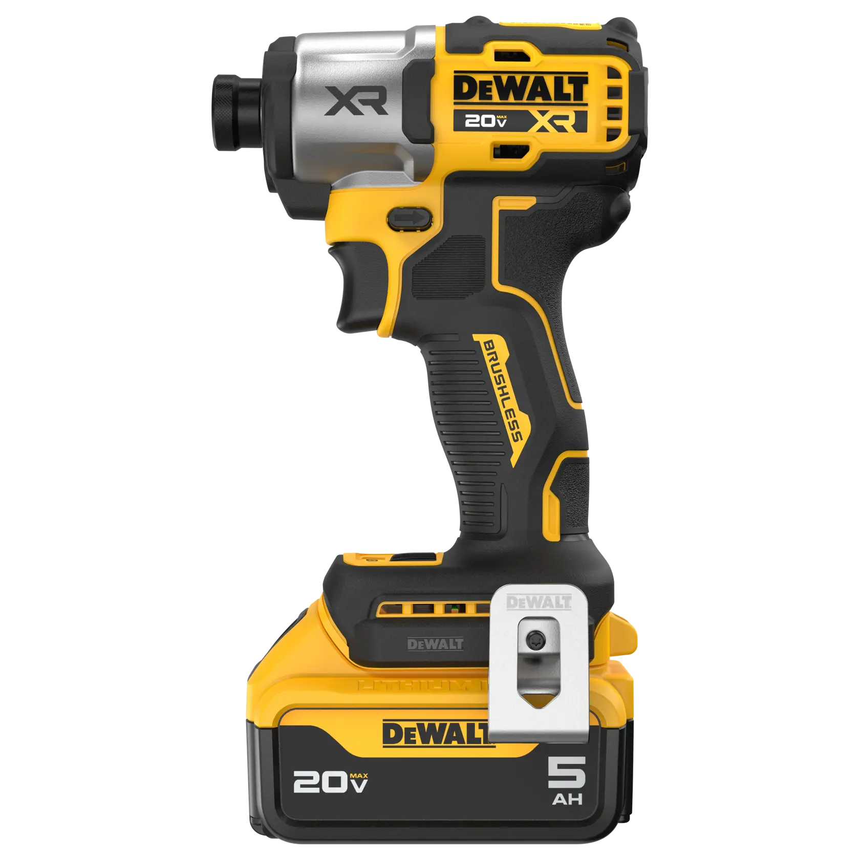 A yellow and black DEWALT cordless impact driver with a 20V XR Lithium-Ion battery pack. The tool features a brushless motor and a sturdy grip, with DEWALT branding visible on the side and battery.
