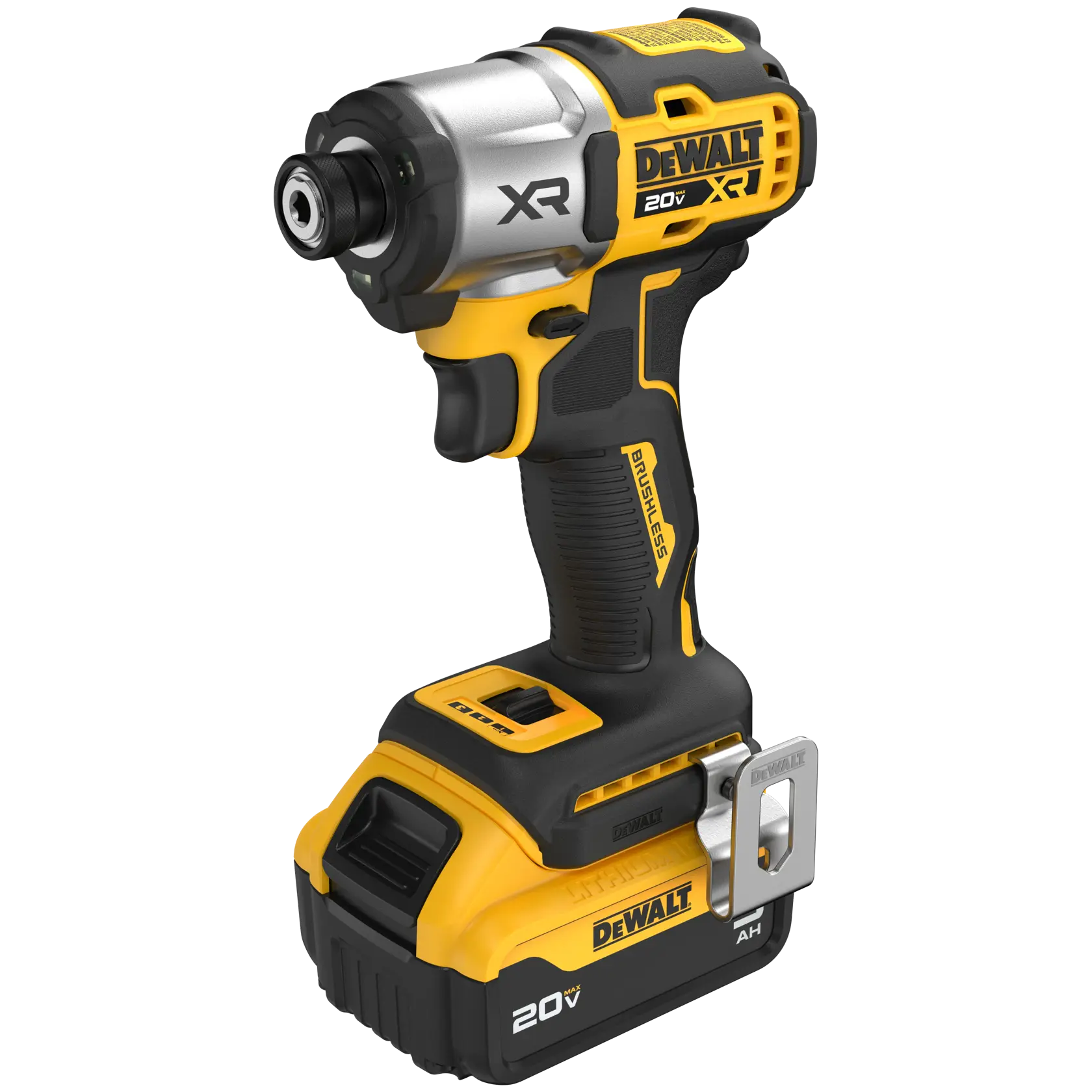 A DEWALT 20V XR cordless impact driver with a black and yellow design. The tool features a brushless motor, ergonomic grip, and metal belt clip, and has the DEWALT brand name and XR logo visible on its side.