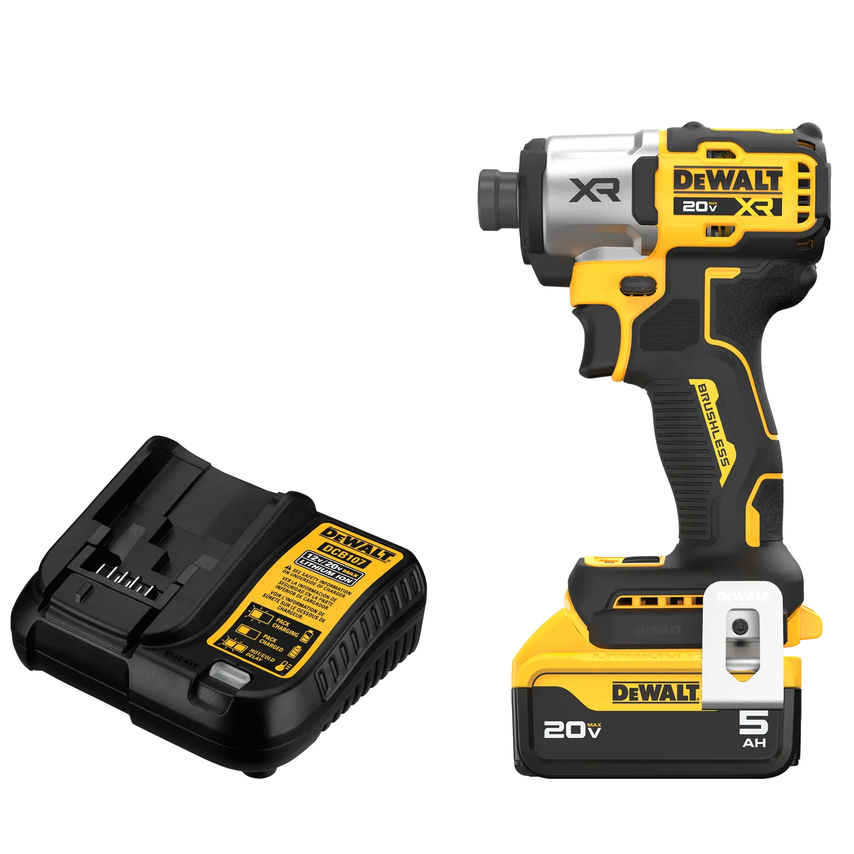 DEWALT 20V XR cordless impact driver with brushless motor, yellow and black, model DCF845P1, featuring a 5 Ah battery, side belt clip, and ergonomic grip.