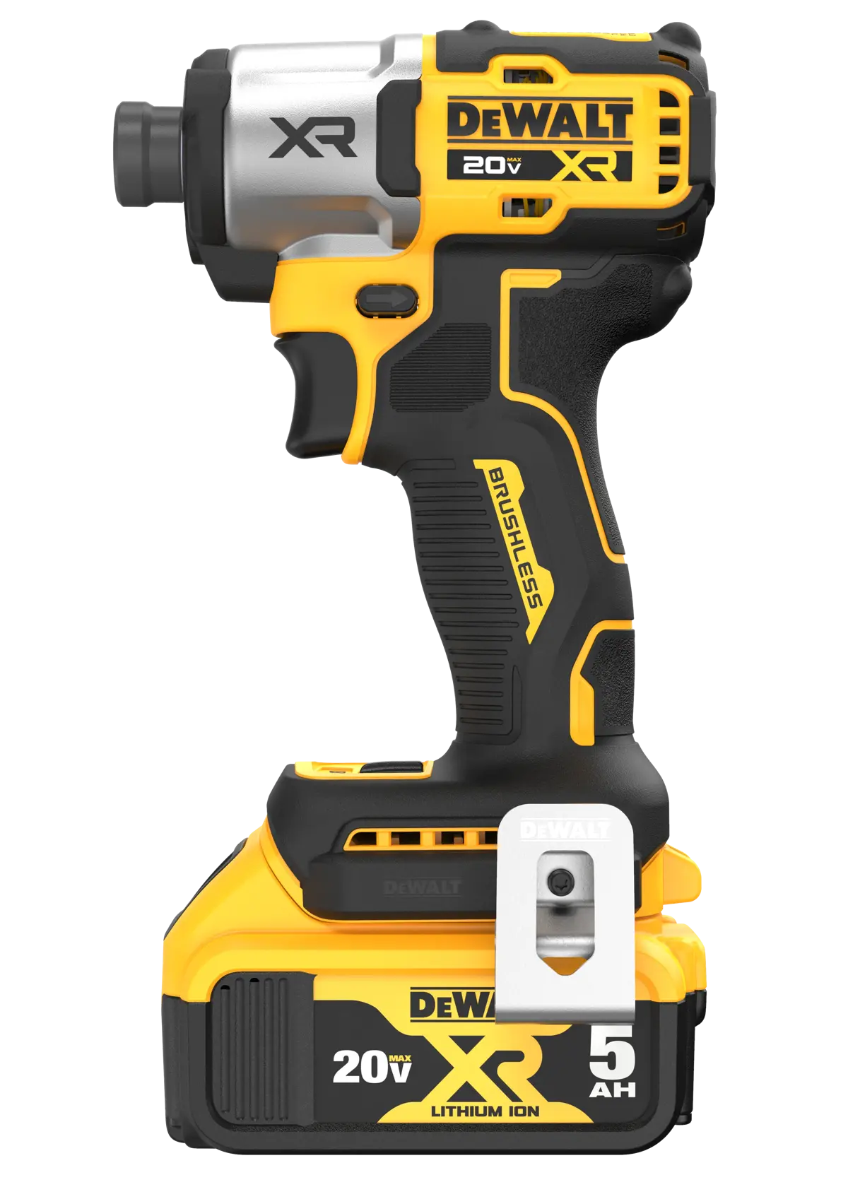 A DEWALT 20V XR cordless brushless impact driver with a 5Ah lithium-ion battery. The tool has a yellow and black color scheme and a silver front housing with the XR logo.