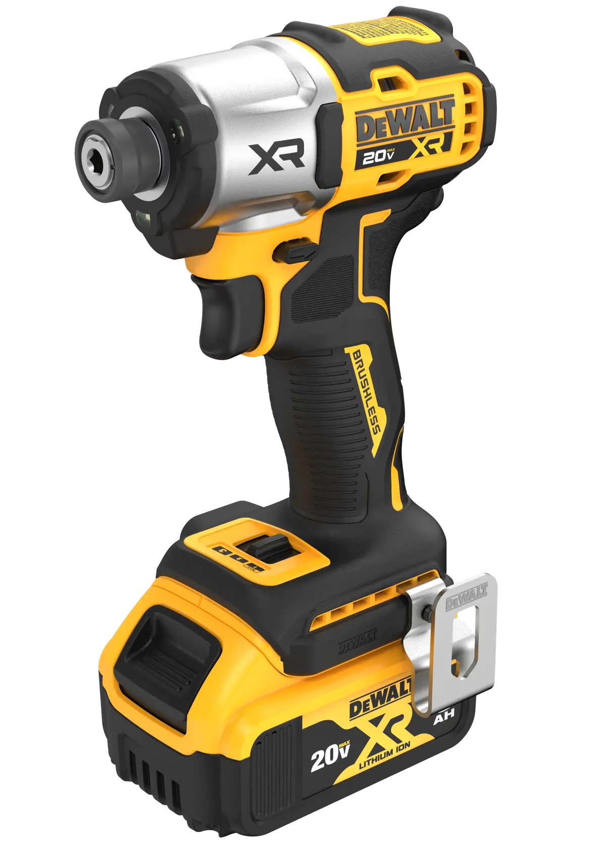 A DEWALT 20V XR brushless cordless impact driver with a lithium-ion battery, shown standing upright. The tool is mainly yellow and black with metallic silver accents.