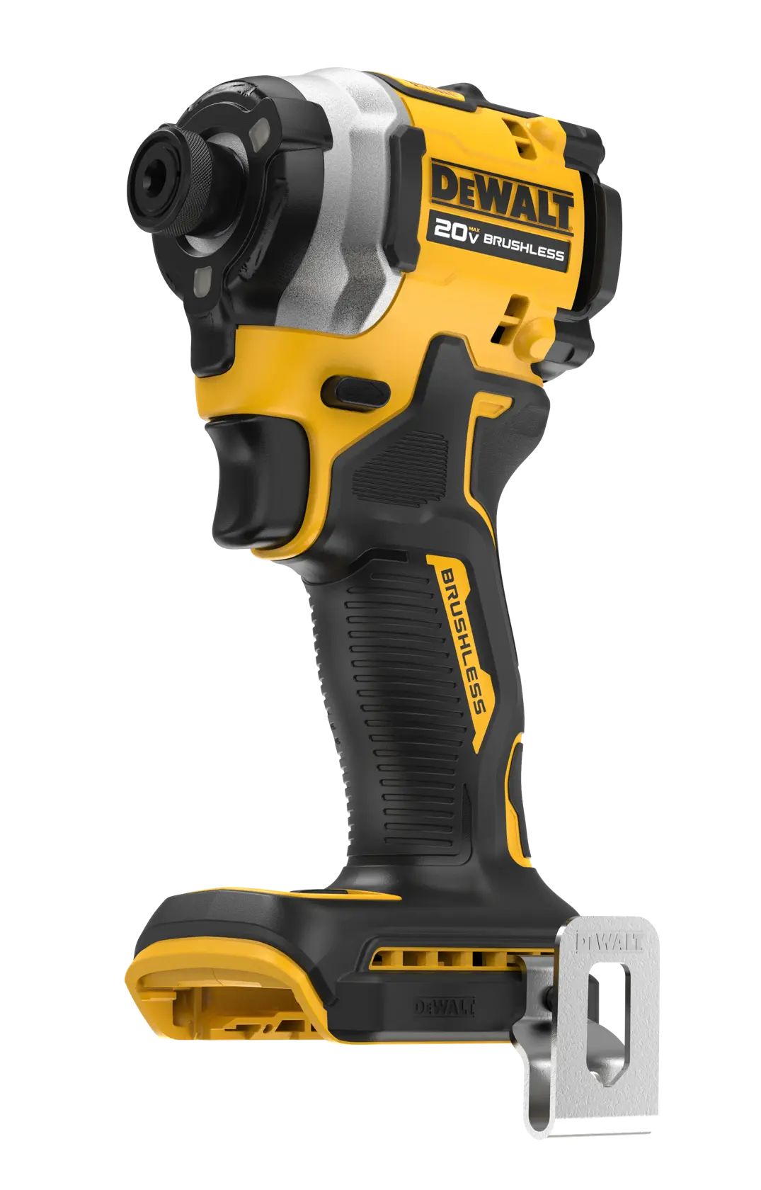 A Dewalt 20V brushless cordless impact driver, shown in yellow and black with a metal belt clip attached. The tool is designed for driving screws and bolts and features an ergonomic grip.