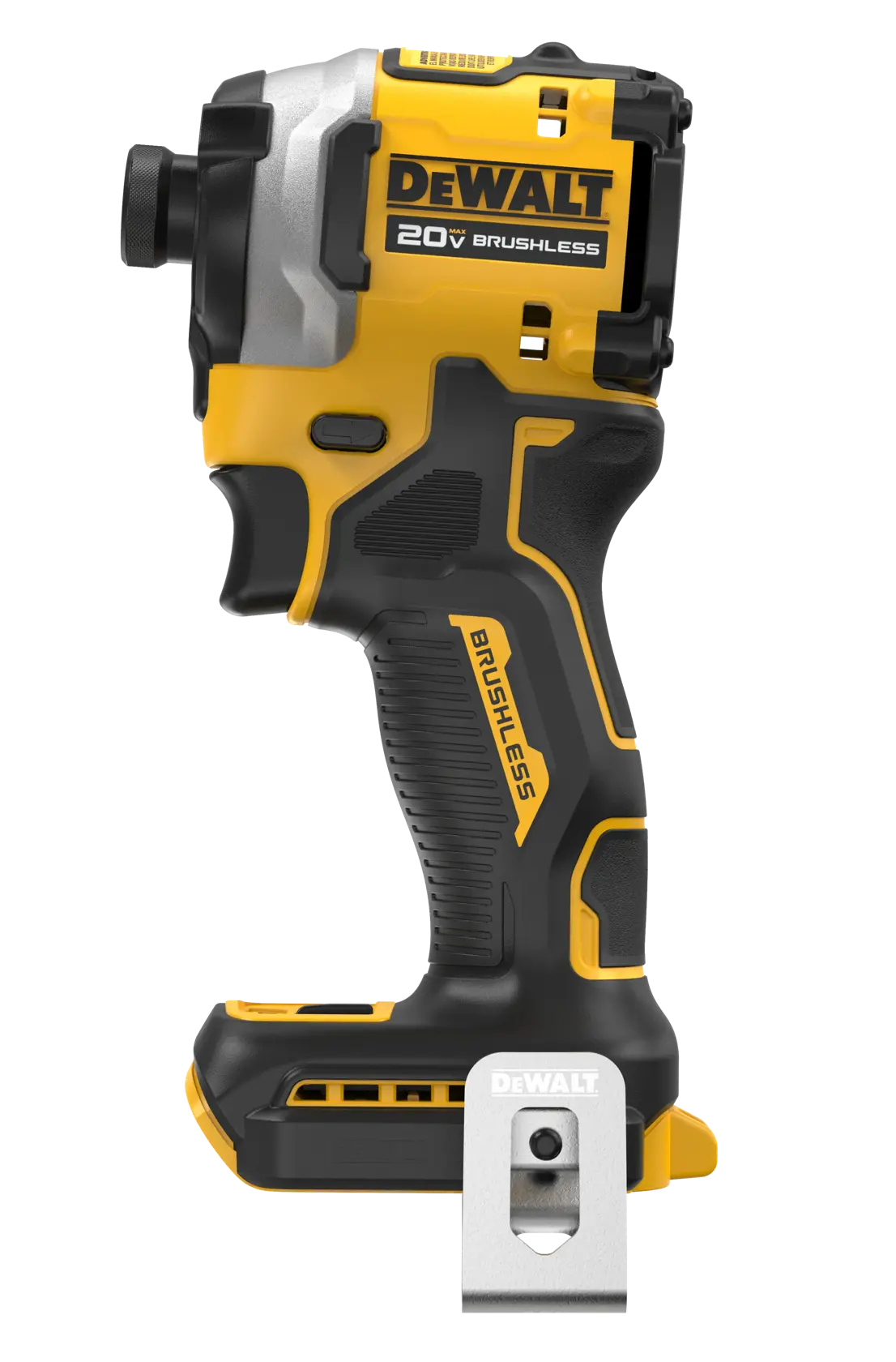 A DEWALT 20V brushless cordless impact driver is shown in side profile, featuring a yellow and black body with the brand logo and tool belt clip visible.