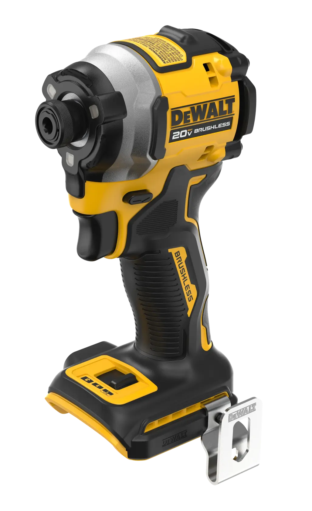 A DEWALT 20V cordless brushless impact driver, model DCF850B, shown upright with a black and yellow body, metal clip, and ergonomic grip.