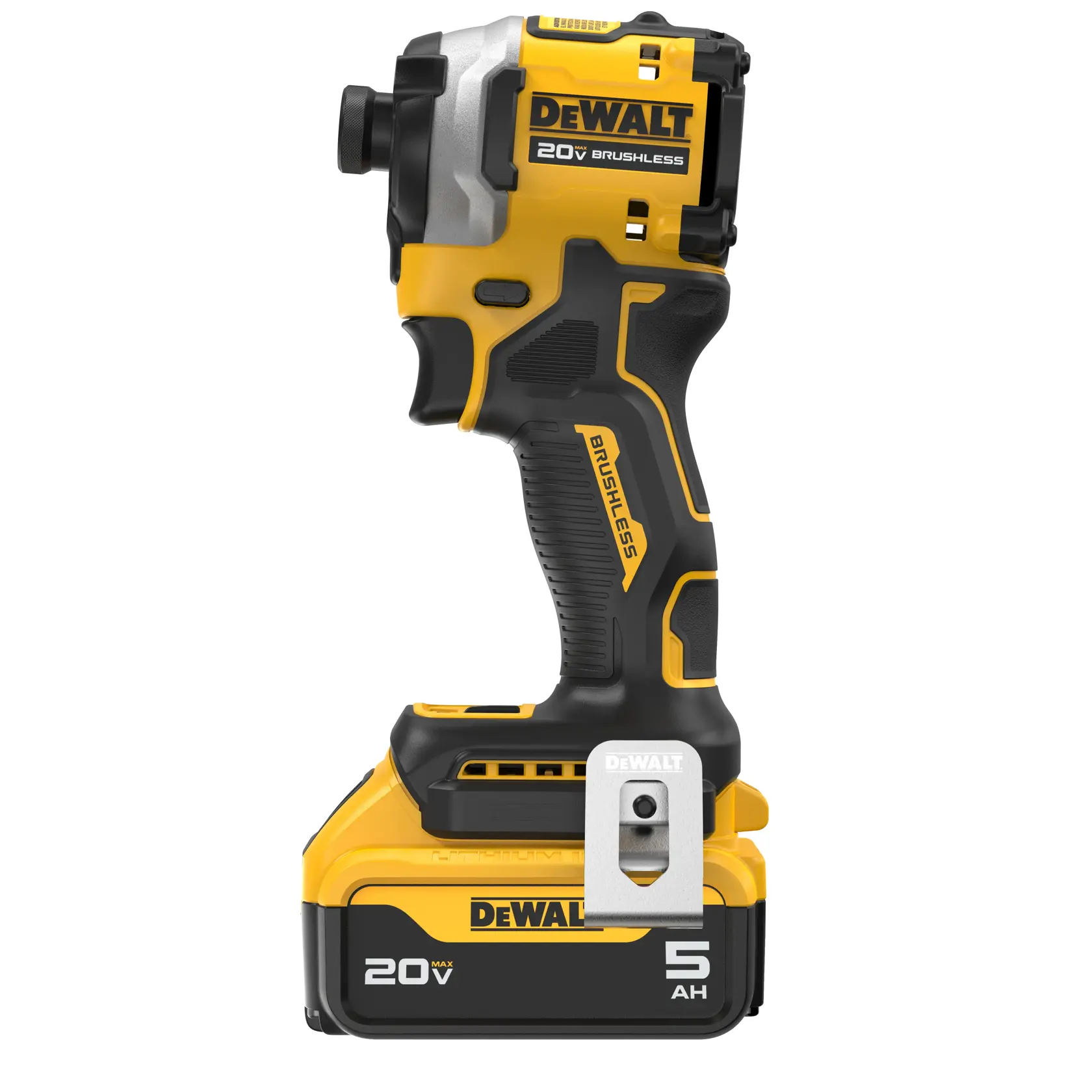 A DEWALT 20V brushless cordless impact driver with a black and yellow body and a 5.0Ah lithium-ion battery attached at the bottom.