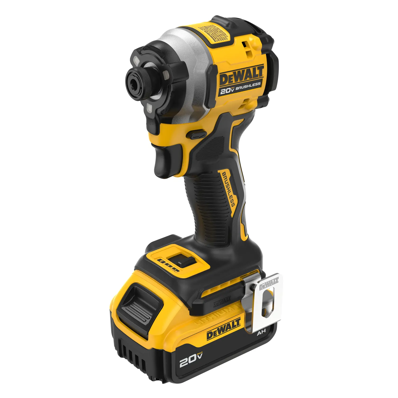 DEWALT 20V brushless cordless impact driver with a yellow and black design, featuring a rechargeable battery attached at the bottom.