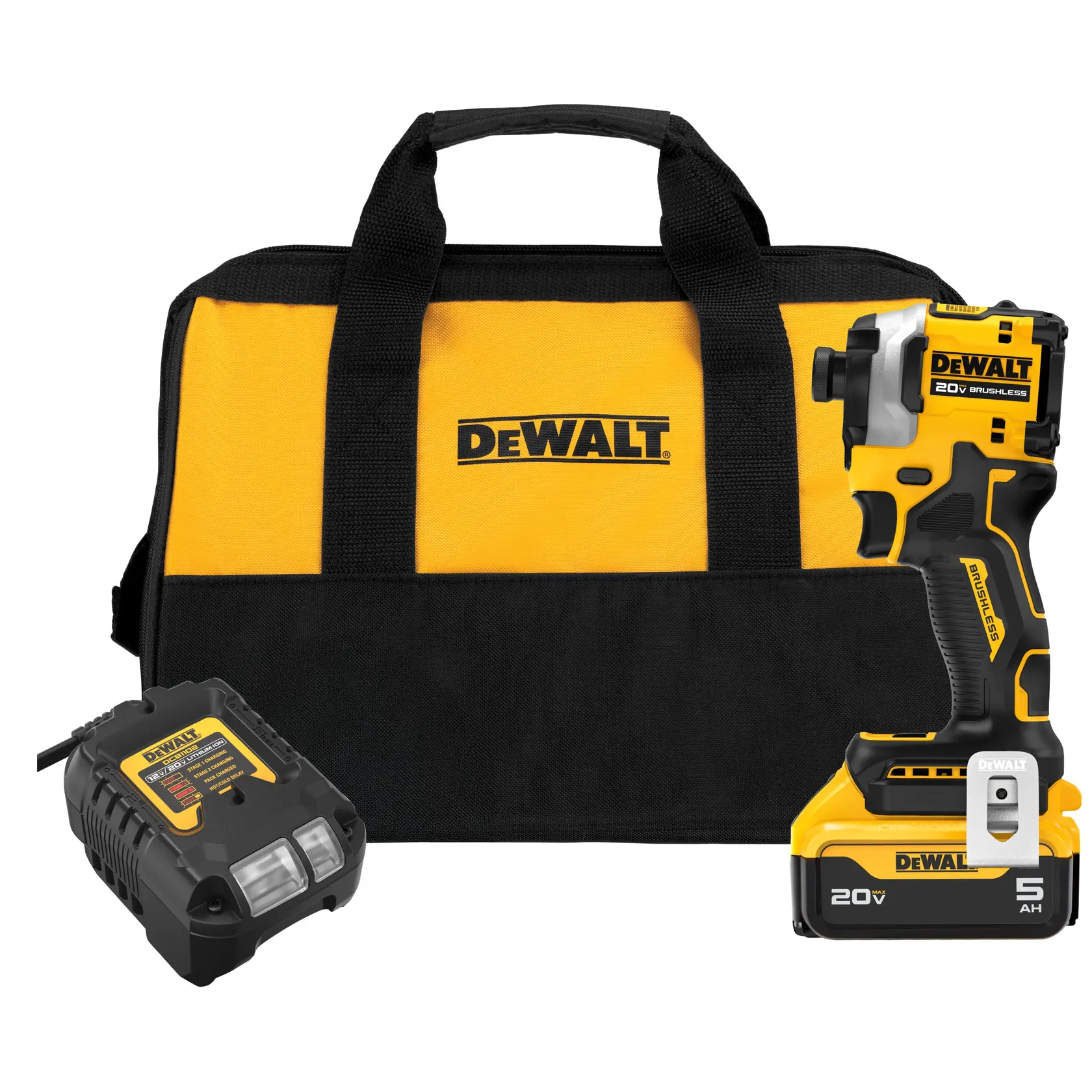 A DEWALT 20V brushless cordless impact driver kit, including a yellow and black soft carrying bag, a battery charger, and the impact driver with a 20V 5Ah battery attached.