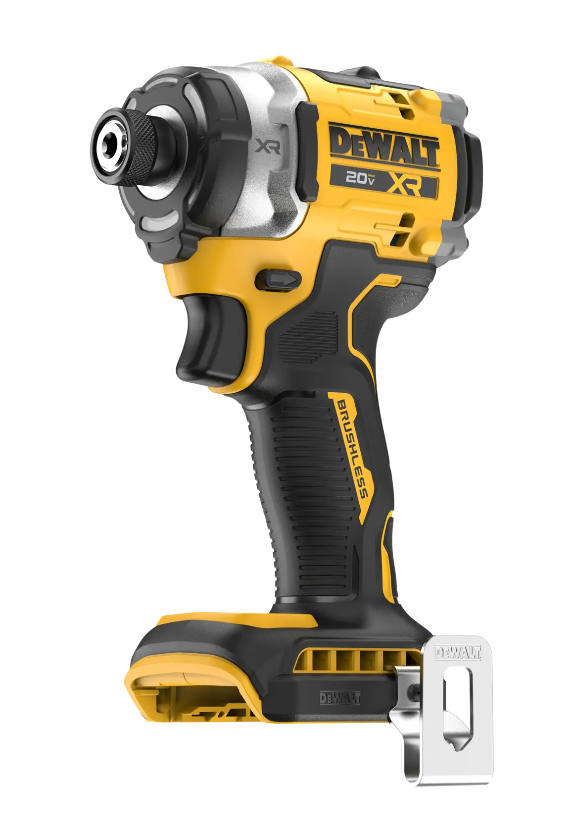 A DEWALT 20V XR brushless cordless impact driver tool, shown in yellow and black colors, with a metal belt clip attached.