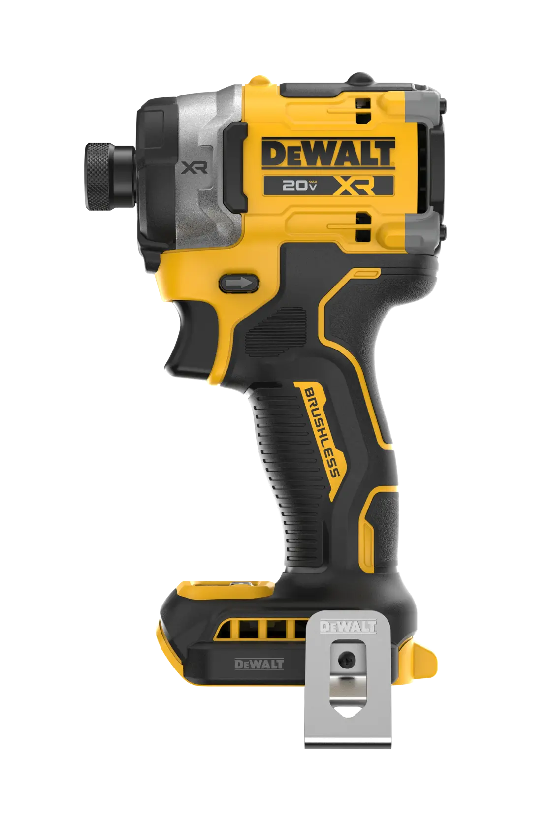 Side view of a DEWALT 20V XR brushless cordless impact driver with yellow and black design, showing its metal belt clip and ergonomic handle.