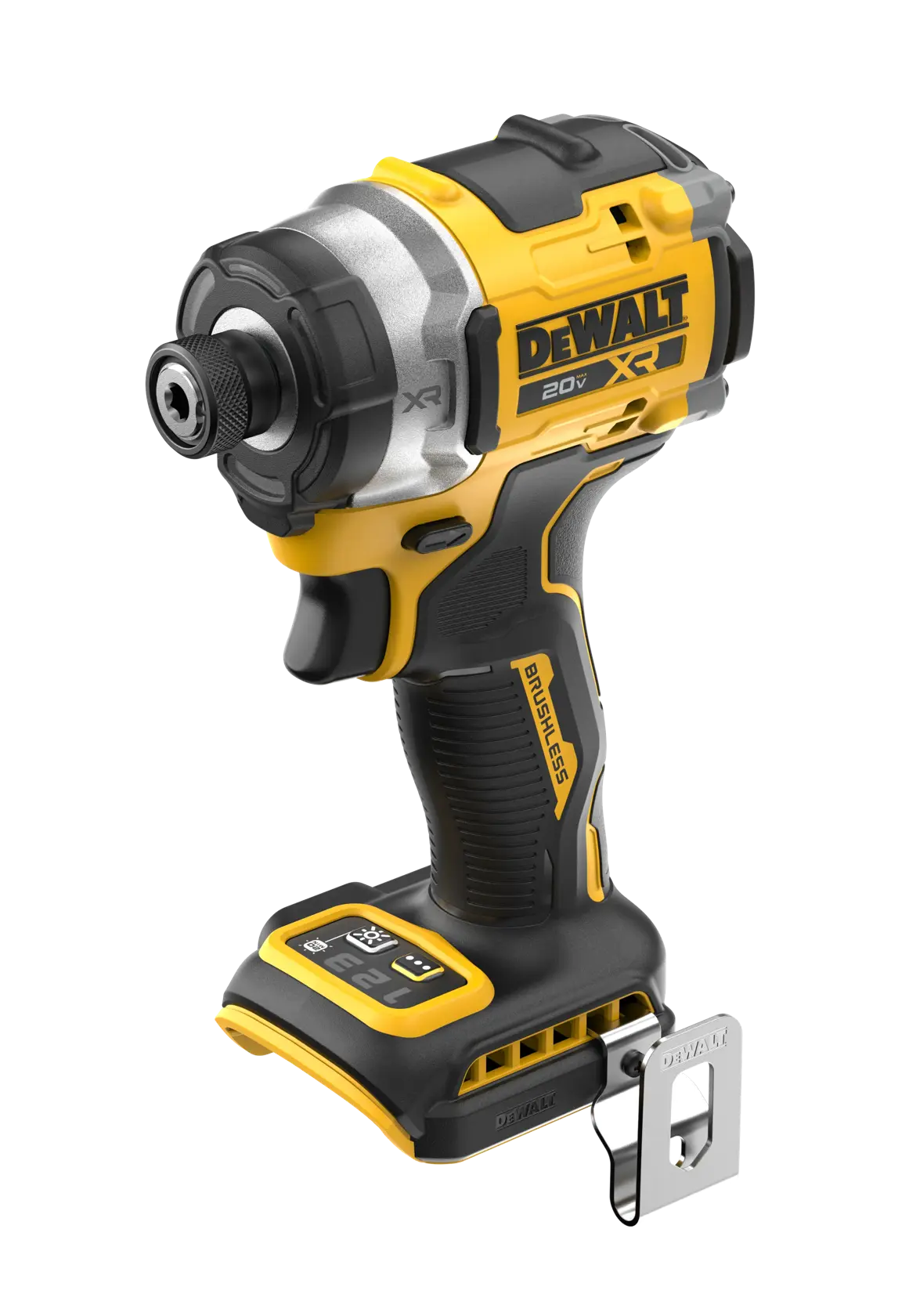A DEWALT 20V XR brushless cordless impact driver, featuring a yellow and black design, ergonomic handle, metal belt clip, and digital controls at the base.