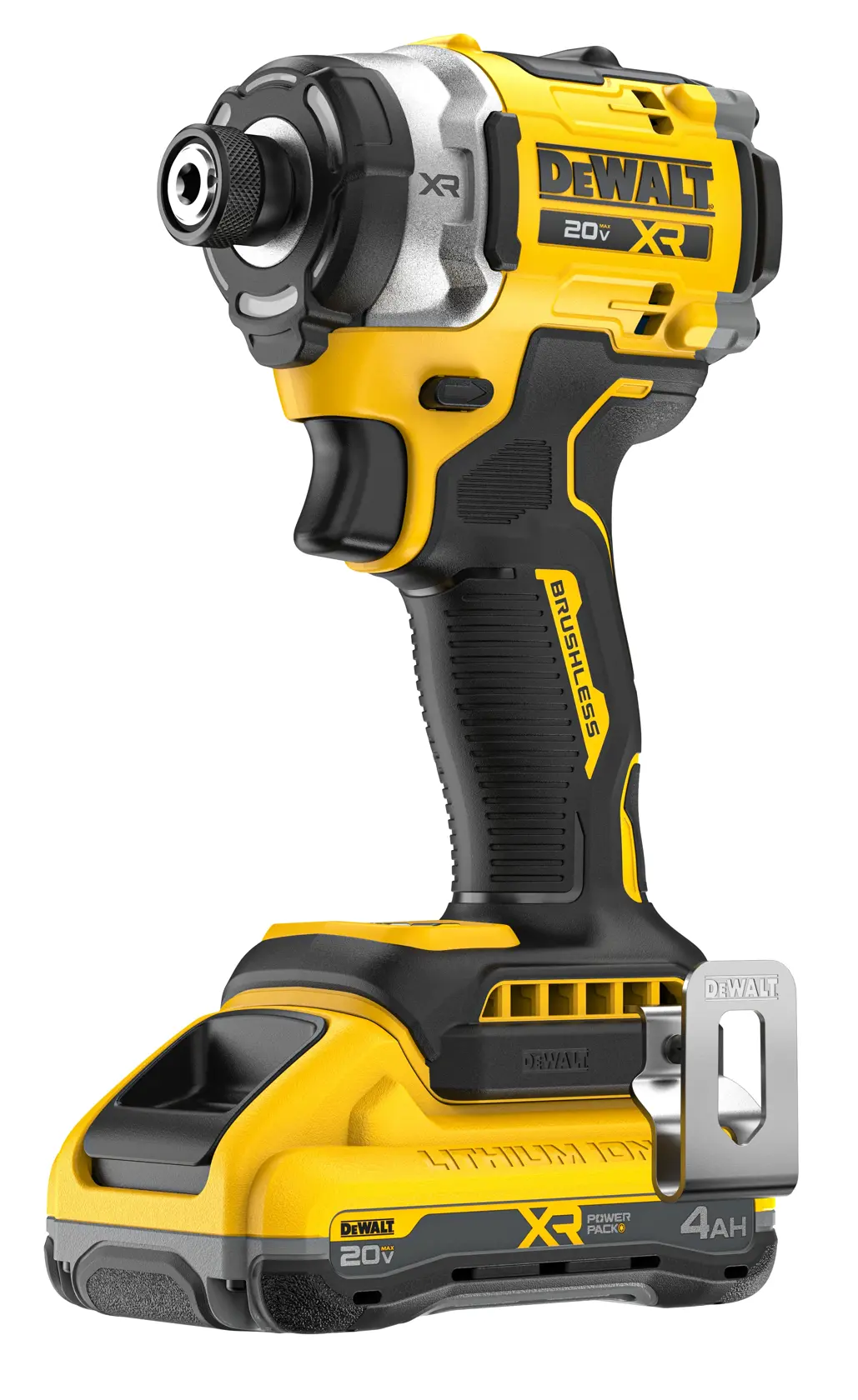 A DEWALT 20V XR cordless impact driver with a brushless motor, featuring a yellow and black design, lithium ion battery pack, and a metal belt clip on the side.