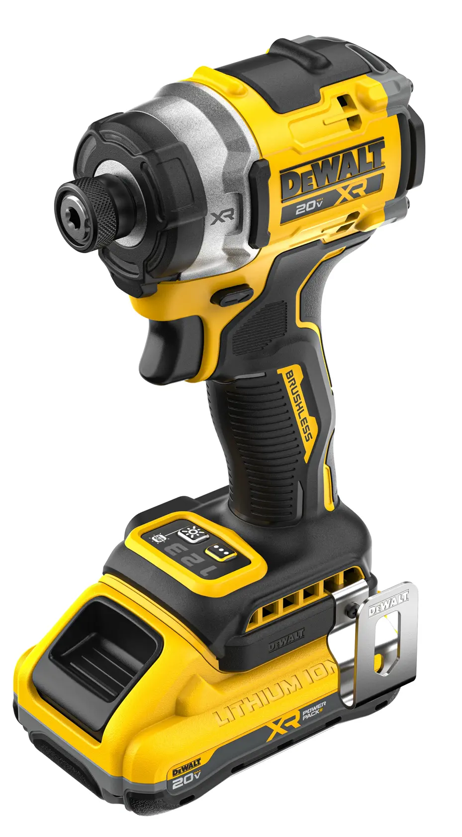 A DEWALT 20V XR cordless impact driver with a yellow and black design, featuring a brushless motor and a lithium-ion battery.