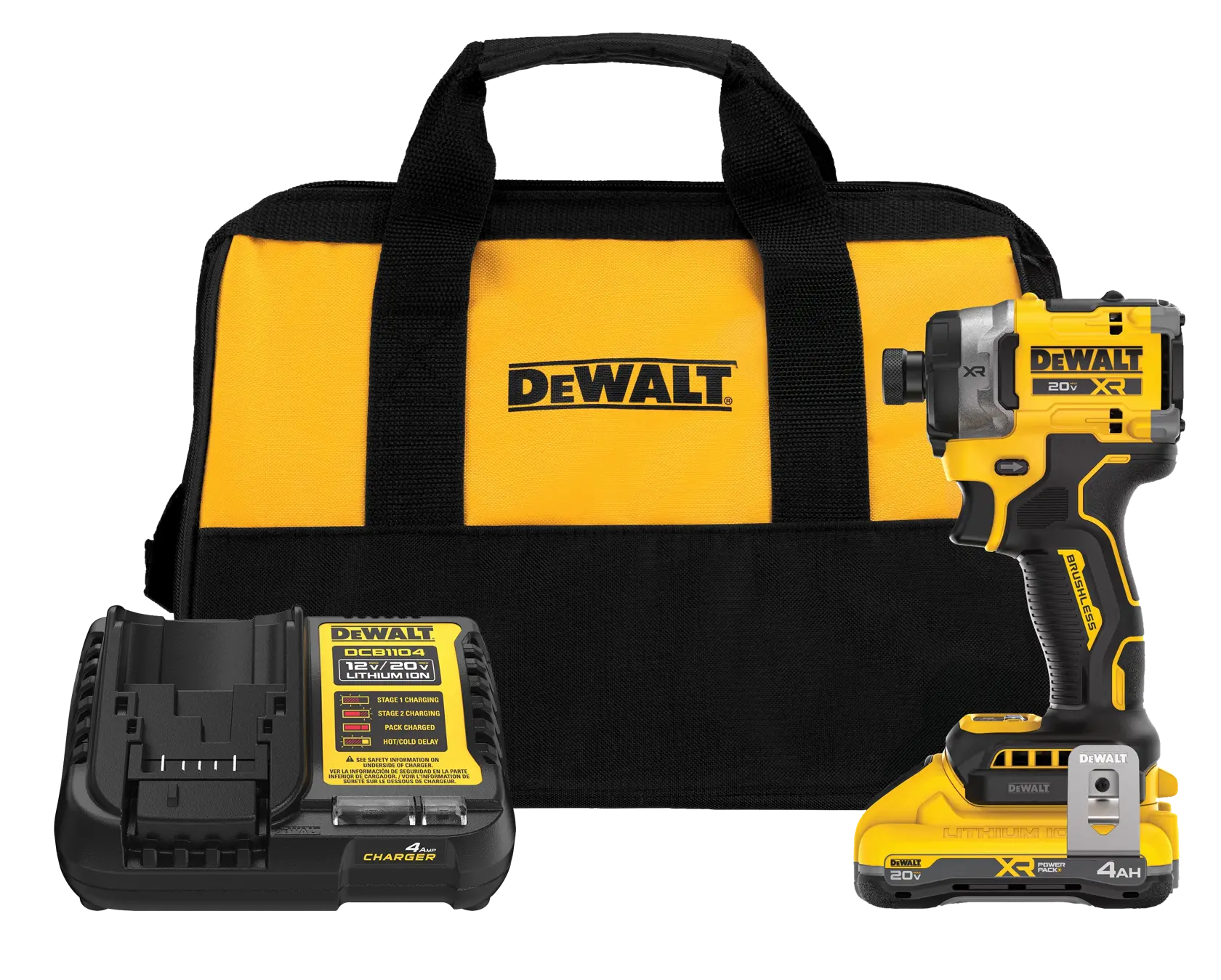 A DEWALT 20V cordless impact driver kit, including a yellow and black carrying bag with DEWALT logo, a battery charger, and the impact driver with battery attached.