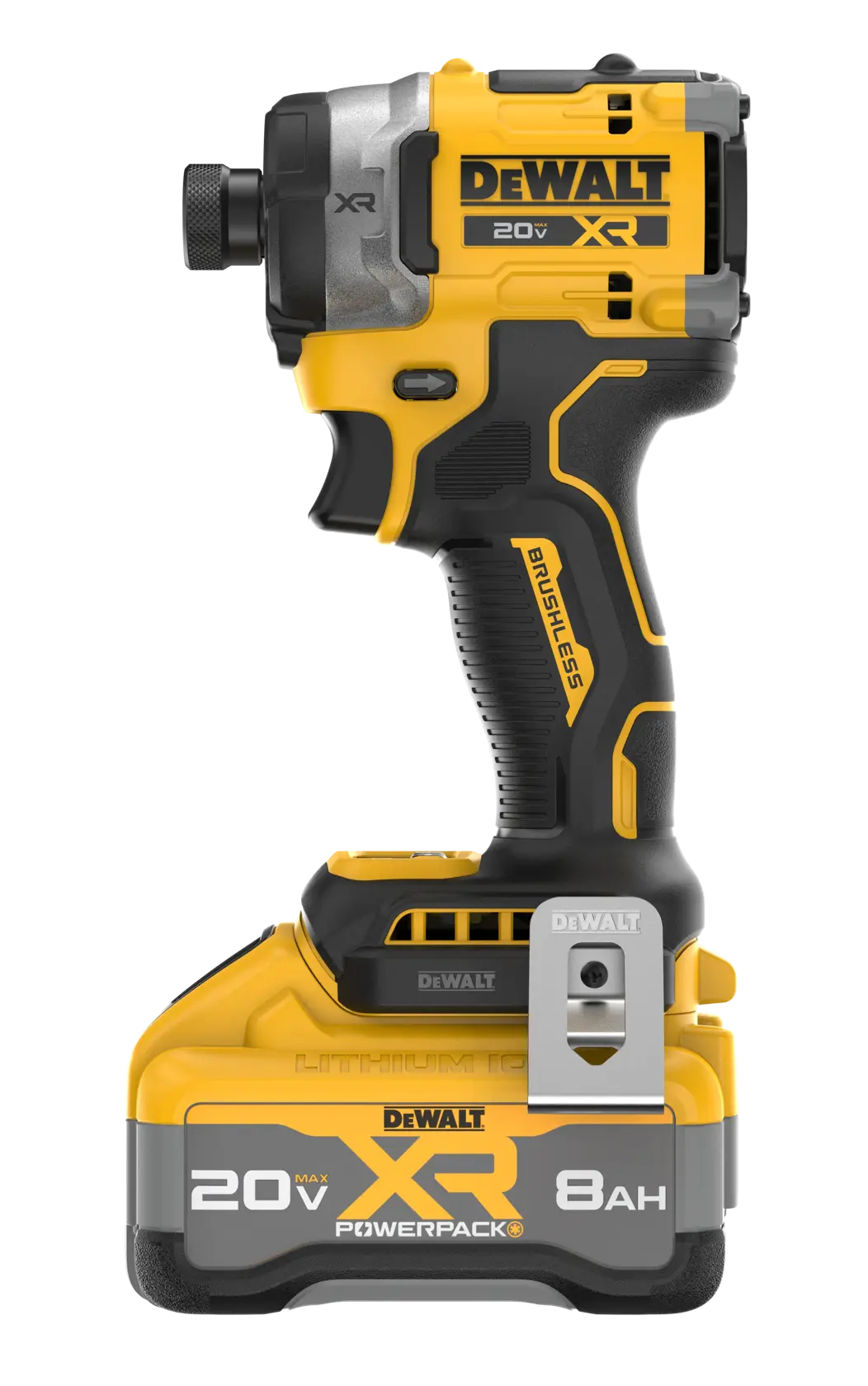 A DEWALT 20V XR brushless cordless impact driver with an 8Ah Powerpack battery, showing a black and yellow ergonomic design with branding and specifications visible.