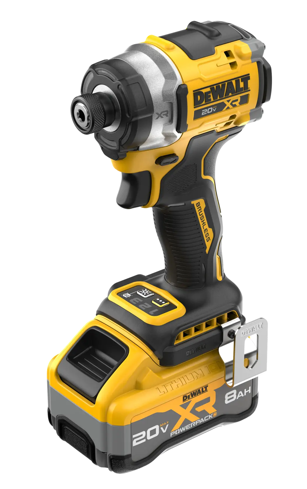A yellow and black DEWALT 20V XR cordless impact driver with a lithium-ion battery pack attached, model DCF860WW1, featuring a brushless motor and ergonomic handle.