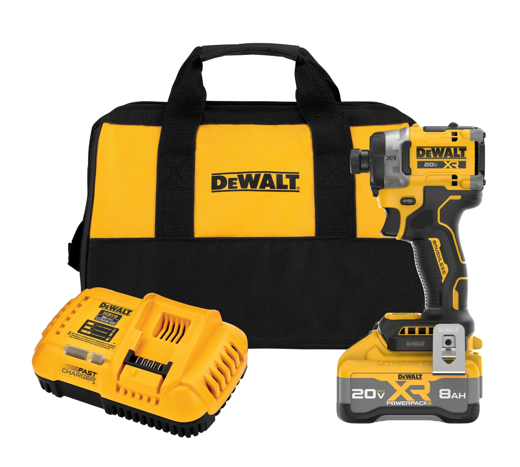 DEWALT 20V XR Powerpack tool kit including a yellow and black cordless impact driver, an 8Ah battery, a fast charger, and a matching carrying bag with DEWALT logo.